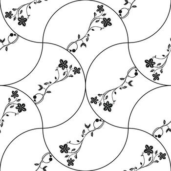 A seamless pattern featuring black floral vines with leaves and flowers on a white background, arranged in random arch shapes. vector
