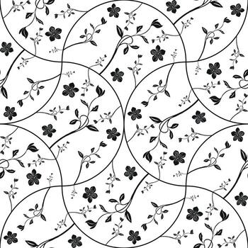 A seamless black and white floral pattern featuring intertwining vines and flowers. The design in random arch shapes, with various sizes of flowers and leaves, elegant layout. vector