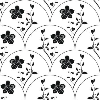 A seamless pattern featuring black floral designs on a white background. The pattern includes circular shapes with flowers and vines, creating an elegant and modern look in a reflected arch shape. vector