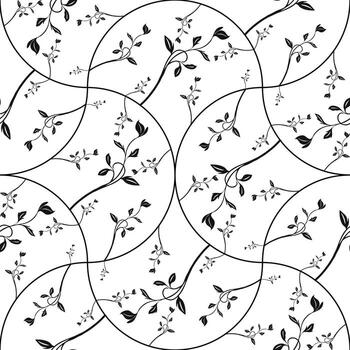 A seamless pattern featuring delicate black floral vines on a white background in random arch shapes. The design includes intertwining branches, leaves, and small flowers. vector