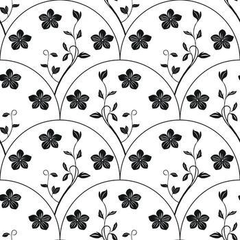 un sin costura negro y blanco floral modelo presentando estilizado flores y vides arreglado en un semicircular diseño en un reflejado arco forma. vector