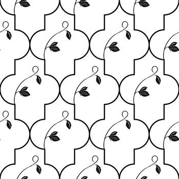 A seamless pattern featuring a geometric design with black outlines and delicate leaves. The pattern consists of eastern shapes, creating a stylish and modern look. vector