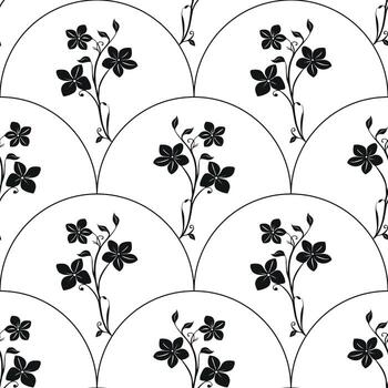 A seamless pattern featuring black floral designs on a white background, arranged in a reflected arch shape. The flowers are stylized with delicate stems and leaves, creating an elegant look. vector