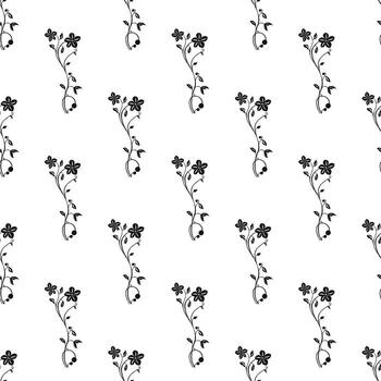 A seamless pattern featuring delicate black floral designs on a white background. The pattern includes small flowers and leaves, creating a minimalist and elegant look. vector