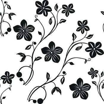 un sin costura modelo presentando negro floral diseños en un blanco antecedentes. el modelo incluye varios flores, hojas, y curling vides, creando un elegante y artístico mirar. vector