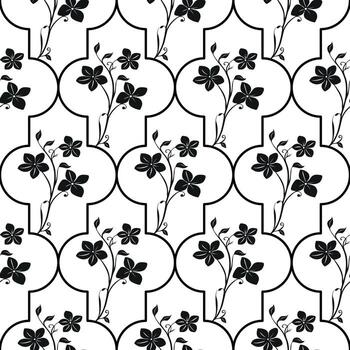 un sin costura modelo presentando negro floral diseños en un blanco antecedentes. el modelo consiste de estilizado flores y hojas arreglado en oriental modelo. vector