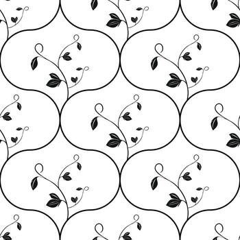 un sin costura modelo presentando delicado negro vides con hojas en un blanco antecedentes en conopial formas el diseño es elegante y moderno, adecuado para textiles o fondos de pantalla vector