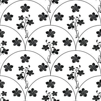 A seamless pattern featuring black floral designs on a white background. The pattern consists of stylized flowers and vines arranged in a reflected arch shape. vector