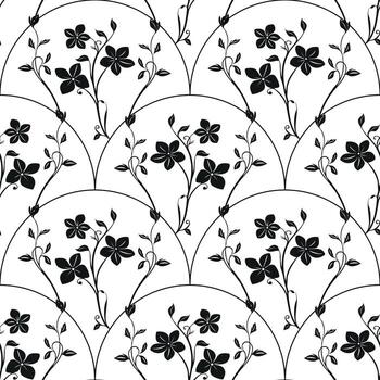 A seamless pattern featuring black floral designs on a white background. The pattern includes stylized flowers and vines arranged in a reflected arch shape, creating an elegant and modern look. vector