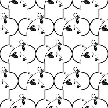 A seamless black and white pattern featuring stylized vines with leaves and flowers, arranged in eastern pattern of overlapping circles. vector