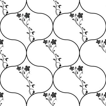 un sin costura modelo presentando negro floral diseños en un blanco antecedentes. el modelo en conopial formas, cada adornado con delicado flores y vides, creando un elegante y moderno mirar. vector