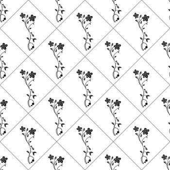 A seamless pattern featuring delicate floral designs with small flowers and leaves arranged in a diamond layout. The design is monochromatic, emphasizing the intricate details of the flowers. vector