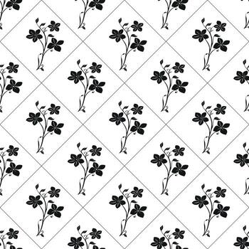 A seamless pattern featuring black floral silhouettes on a white background, arranged in a diamond layout. The design includes various flowers and stems, creating a stylish and elegant look. vector