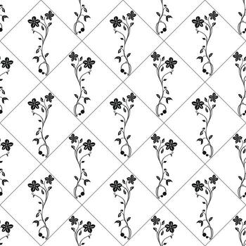 A seamless pattern featuring delicate black floral designs on a white background. The pattern consists of intertwining vines and small flowers arranged in a diamond layout. vector