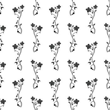 A seamless pattern featuring delicate black floral designs on a white background. The pattern includes slender stems with small flowers and leaves, creating an elegant and minimalist aesthetic. vector