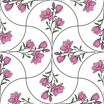 A seamless floral pattern featuring pink flowers magnolia with green leaves on a white background. The design is organized in random arch shapes with curved lines separating the floral elements. vector