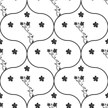 A seamless pattern featuring black floral designs on a white background. The pattern c in ogee shapes with delicate flowers and vines, creating an elegant and sophisticated look. vector