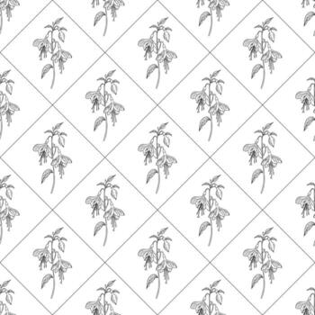 un sin costura modelo presentando delicado floral ilustraciones arreglado en un diamante cuadrícula disposición. el diseño es monocromo, exhibiendo intrincado línea Arte de flores y hojas. vector