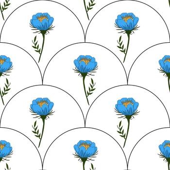 A seamless pattern featuring blue flowers with yellow centers, arranged in a circular design on a white background in a reflected arch shape. vector