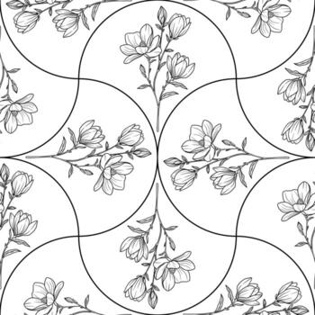 A seamless floral pattern featuring delicate line-drawn flowers magnolia arranged in random arch shapes. The design is monochromatic with intricate details. vector