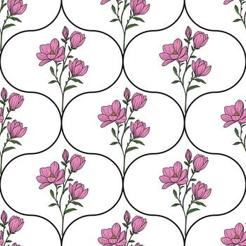 A seamless floral pattern featuring pink flowers and buds on a white background, outlined with black shapes creating a modern design in ogee shapes. vector