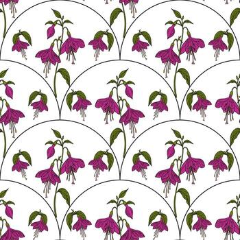 A seamless pattern featuring fuchsia flowers with purple petals and green leaves, arranged in a reflected arch shape on a white background. vector