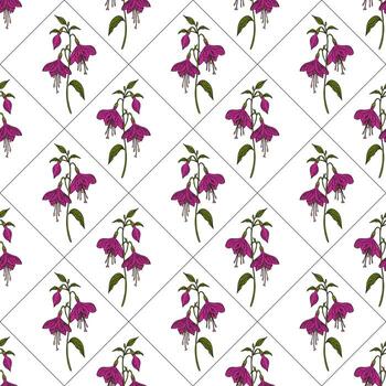 un sin costura modelo presentando púrpura flores con verde hojas arreglado en un diamante cuadrícula disposición. el flores son detallado y vibrante, creando un visualmente atractivo diseño. vector