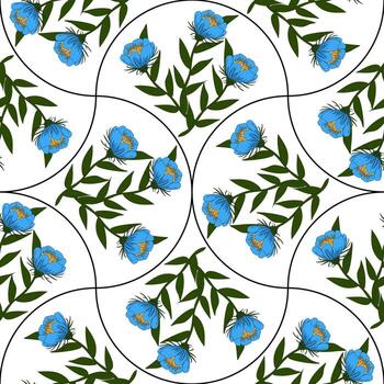 A seamless floral pattern featuring blue flowers with orange accents and green leaves on a white background in random arch shapes. The design is circular and symmetrical, creating a harmonious look. vector