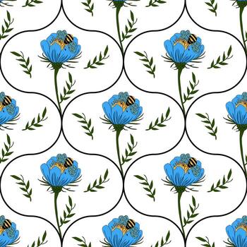 A seamless pattern featuring blue flowers with green stems and leaves, interspersed with bees. The design has a white background in ogee shapes, creating a vibrant and lively floral motif. vector