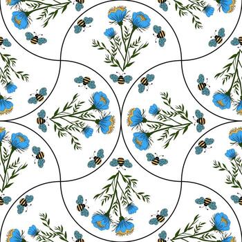 un sin costura floral modelo presentando azul flores y abejas en un blanco antecedentes. el diseño en aleatorio arco con intrincado detalles de hojas y flores, creando un armonioso y vibrante mirar. vector