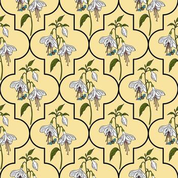 A seamless floral pattern featuring white flowers with green leaves on a soft yellow background. The design is structured with a eastern pattern shape, enhancing the elegance of the floral elements. vector
