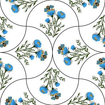 A seamless floral pattern featuring blue flowers and bees on a white background. The designin random arch shapes, with intricate details of the flowers and bees, creating a vibrant vector