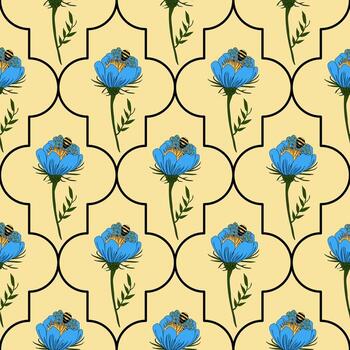 A seamless pattern featuring blue flowers with bees on a light yellow background. The flowers are stylized and arranged in eastern pattern shapes with black outlines. vector