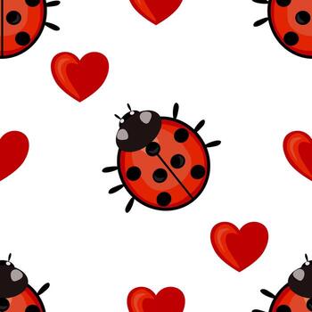 A playful pattern featuring cartoon ladybugs and red hearts on a white background. The ladybugs are bright red with black spots and a black head, while the hearts are in various sizes. vector