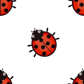 A seamless pattern featuring cute cartoon ladybugs on a white background. The ladybugs are bright red with black spots and a black head, creating a playful and cheerful design. vector