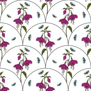A seamless floral pattern featuring fuchsia flowers and small blue bees on a white background. The design is arranged in a reflected arch shape, creating a harmonious and vibrant look. vector