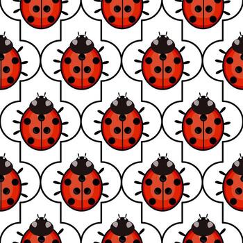A seamless pattern featuring red ladybugs with black spots on a white background. The ladybugs are arranged in a grid-like formation, creating a playful and vibrant design. vector