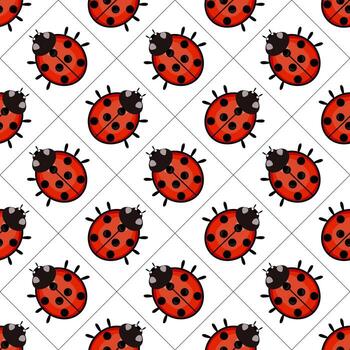 A seamless pattern featuring cute ladybugs with red bodies and black spots on a white background, arranged in a diagonal grid. vector