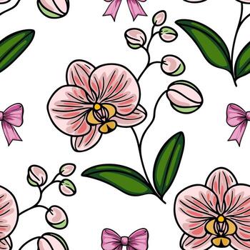 A seamless pattern featuring pink orchids and delicate buds, interspersed with small pink bows. The design has a light background, emphasizing the floral elements and bows. vector