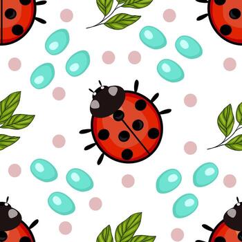 un sin costura modelo presentando vistoso mariquitas, verde hojas, y agua gotas en un blanco antecedentes. el mariquitas son brillante rojo con negro lugares, agregando un juguetón toque a el diseño. vector