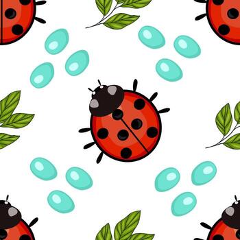A seamless pattern featuring cute ladybugs, green leaves, and water droplets on a white background. The ladybugs are red with black spots, adding a playful touch to the design. vector