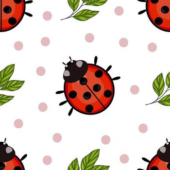 A seamless pattern featuring cute ladybugs and green leaves on a white background with pink polka dots. The ladybugs are bright red with black spots and heads, adding a playful design. vector