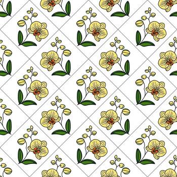 A seamless pattern featuring yellow orchids with green leaves and buds on a white background, arranged in a diamond layout. vector