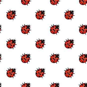 A seamless pattern featuring cute ladybugs on a white background. Each ladybug is red with black spots and a black head, creating a playful and cheerful design. vector