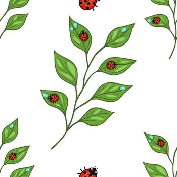A seamless pattern featuring green leaves with water droplets and red ladybugs on a white background. The design includes droplets of water on the leaves, creating a fresh and vibrant look. vector