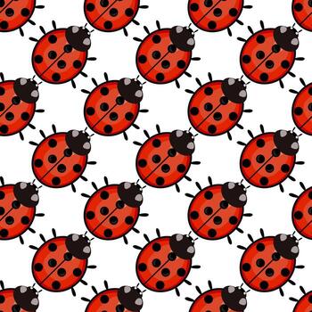 un sin costura modelo presentando vistoso mariquitas en un blanco antecedentes. cada mariquita es brillante rojo con negro lugares y un negro cabeza, creando un alegre y juguetón diseño. vector