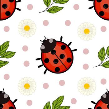 A whimsical pattern with ladybugs, daisies, and leaves on a white background. The ladybugs are red with black spots, surrounded by leaves and yellow-centered flowers, interspersed with polka dots. vector