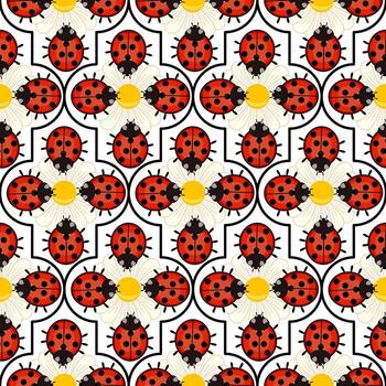 A vibrant pattern featuring ladybugs and flowers, with red ladybugs on a white background, surrounded by yellow flower centers and black outlines, creating a cheerful and playful design. vector