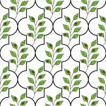 A seamless pattern featuring green leaves with ladybug on a white background, framed by black outlines in an elegant design. vector