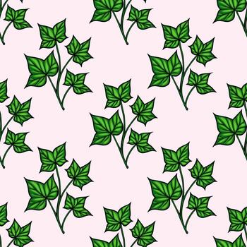 un sin costura modelo presentando verde hiedra hojas en un suave rosado antecedentes. el diseño vitrinas varios hiedra hoja formas y preparativos, creando un Fresco y natural estético. vector